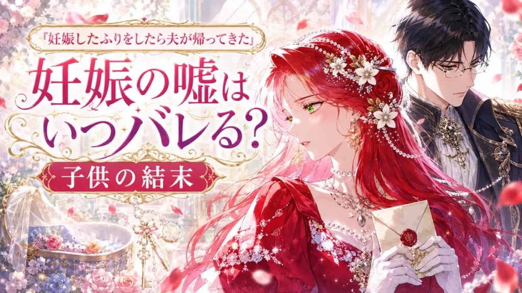 『妊娠したふりをしたら夫が帰ってきた』妊娠の嘘がいつバレるのか、子供の結末を解説する記事のアイキャッチ。手紙を抱く赤髪のヒロインと、眼鏡をかけた黒髪の夫を描いたイラスト