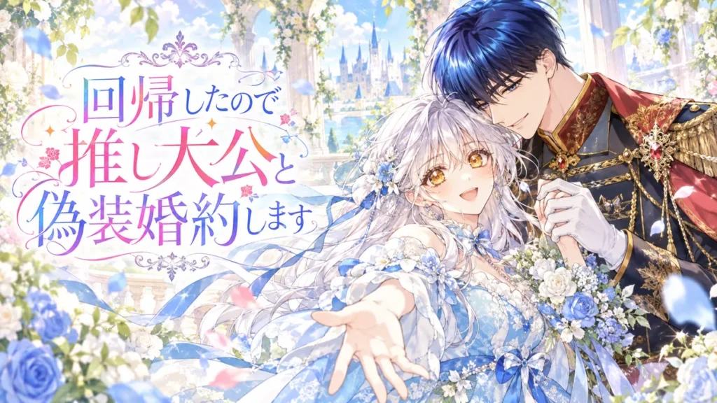 『回帰したので推し大公と偽装婚約します』結末ネタバレ・韓国原作の完結情報を紹介する記事のアイキャッチ。銀髪のエラと黒髪の大公が明るい城の庭園で寄り添う水彩風イラスト。