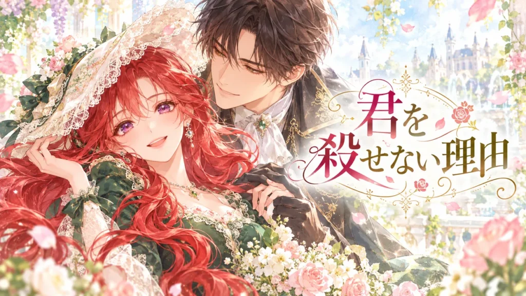 『君を殺せない理由』のアイキャッチ。赤い長髪の女性と黒髪の男性が花咲く庭園で寄り添い、優しく微笑む水彩画風イラスト