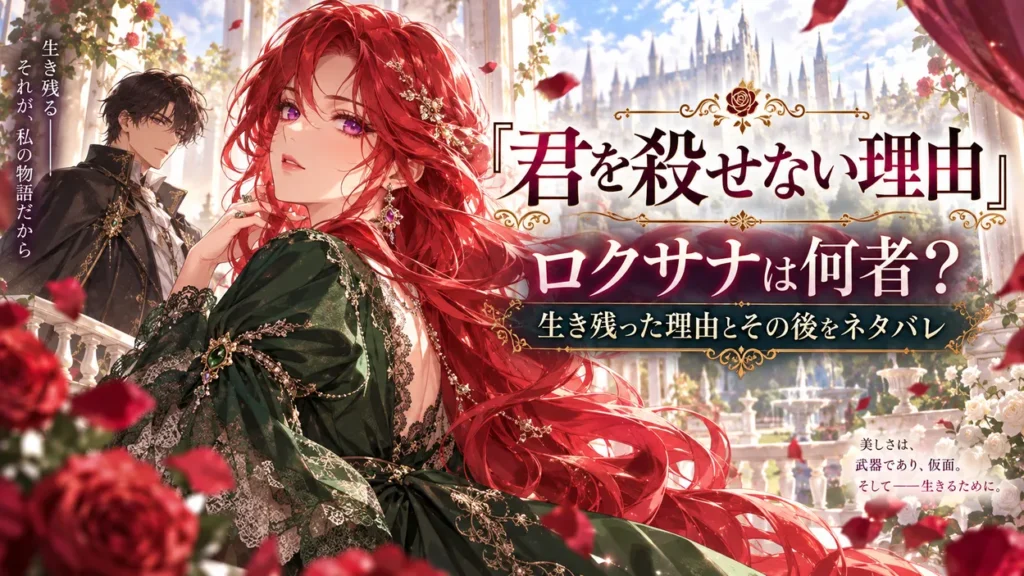 『君を殺せない理由』のアイキャッチ。赤い長髪のロクサナが宮廷風の庭園で振り返り、後方に黒髪の男性が立つ、水彩風の幻想的な16対9イラスト