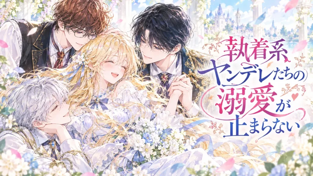 『執着系ヤンデレたちの溺愛が止まらない』のアイキャッチイラスト。金髪のヒロインを3人の男性キャラクターが優しく囲む、明るいパステルカラーの水彩画風ビジュアル