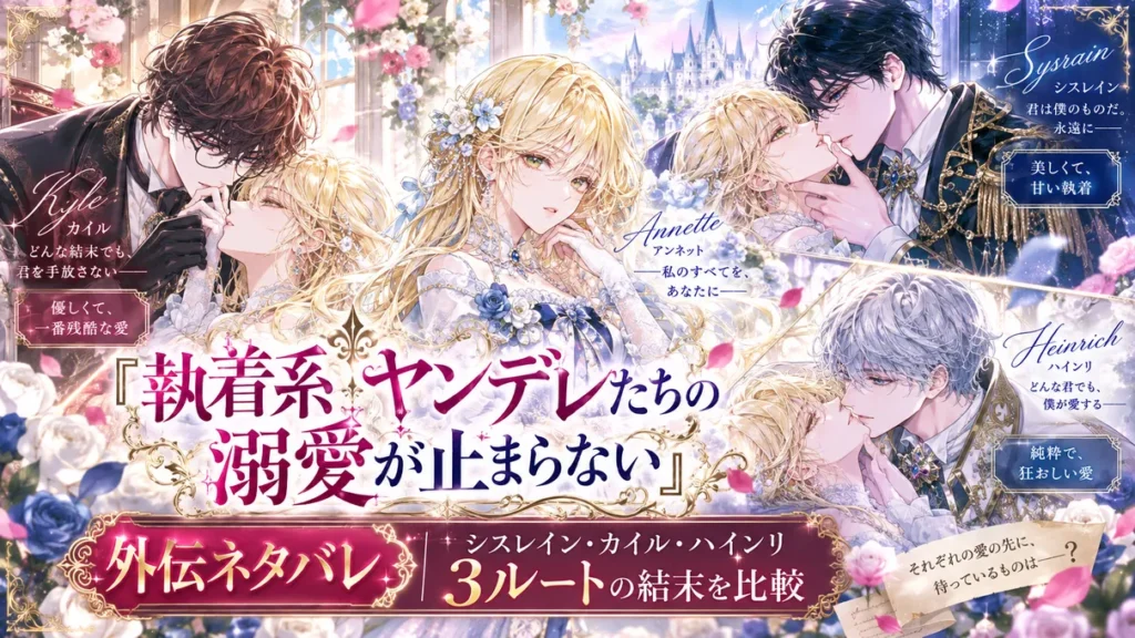 『執着系ヤンデレたちの溺愛が止まらない』の外伝ネタバレをテーマに、アネットとシスレイン・カイル・ハインリの3ルートを描いたアイキャッチ。各キャラクターとの恋愛結末を比較する記事用ビジュアル