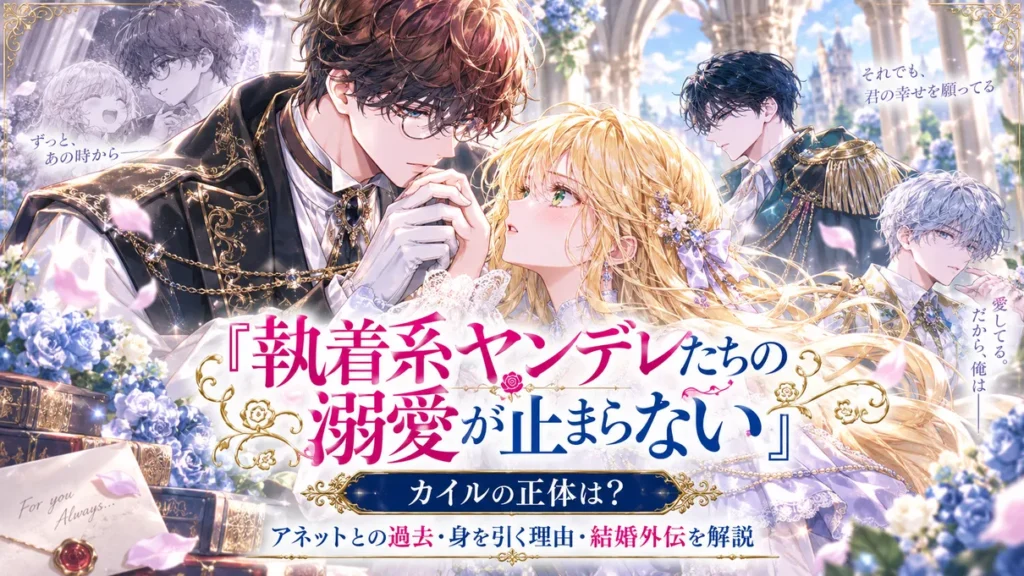 『執着系ヤンデレたちの溺愛が止まらない』のカイルとアネットを中心に描いたアイキャッチ。カイルの正体、アネットとの過去、身を引く理由、結婚外伝を解説する記事用ビジュアル