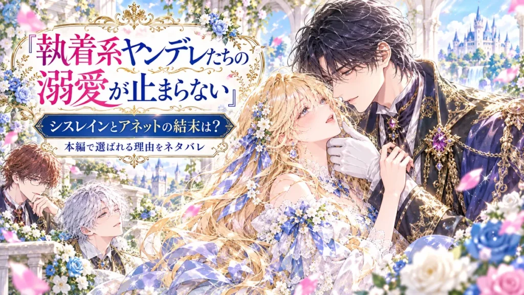 『執着系ヤンデレたちの溺愛が止まらない』のシスレインとアネットの結末をテーマにしたアイキャッチ画像。中央で見つめ合うシスレインとアネットを大きく描き、本編で選ばれる理由をネタバレ解説するビジュアル