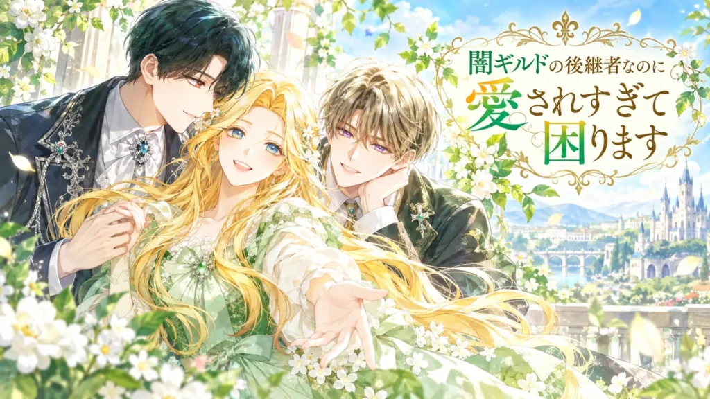 『闇ギルドの後継者なのに愛されすぎて困ります』のアイキャッチ。緑のドレスを着た金髪の女性を、黒髪と灰褐色の男性2人が囲み、明るく微笑む恋愛ファンタジー風イラスト。